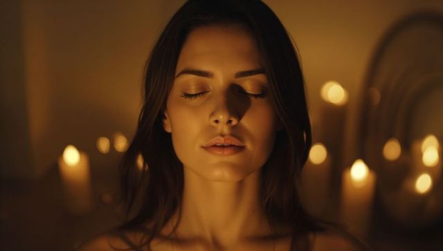 Woman Meditating in Candlelit Serenity for Mindfulness and Relaxation