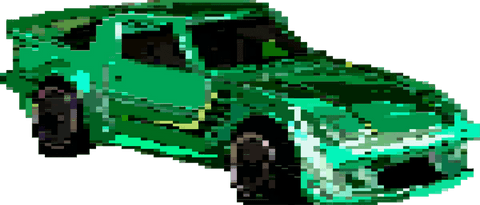 Pixel art green coupe with tinted windows and black wheels on transparent background