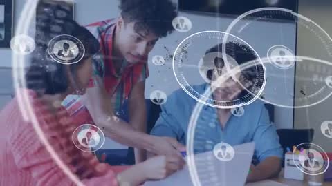 Creative Team Collaborating with Digital Network Overlay