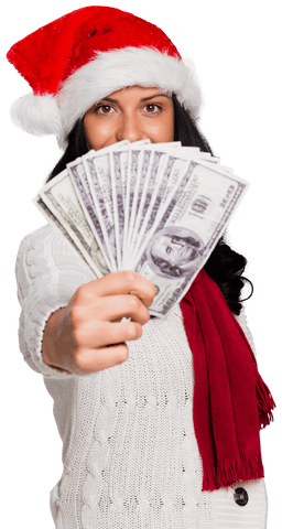 Smiling Woman in Santa Hat Holding Money Fan Transparent