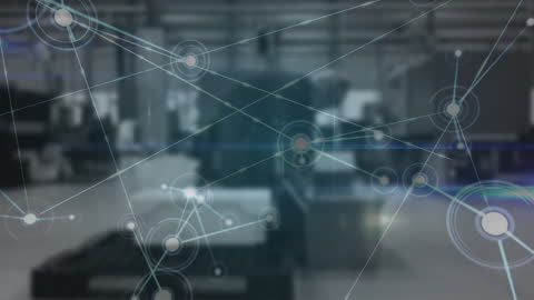 Digital Network Connections Overlay on Blurred Warehouse Background