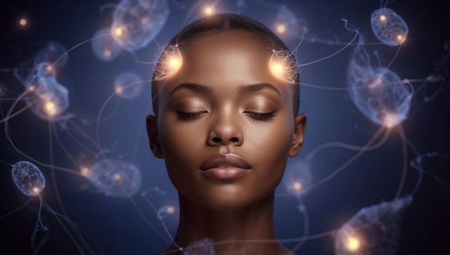 Meditating woman with neural glow and luminous synapse orbs, futuristic serene portrait