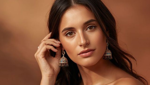 Elegant woman wearing ornate jhumka earrings touching earring glamour beauty headshot