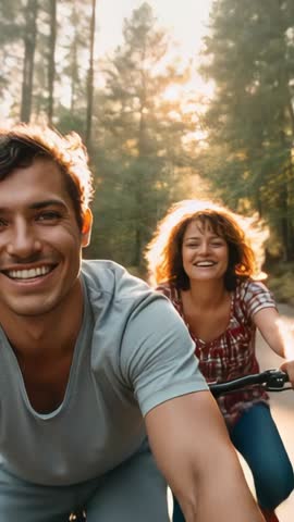Couple pedaling through sunlit forest trail laughing on bicycles vertical video