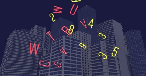 Falling bright letters and numbers over modern cityscape
