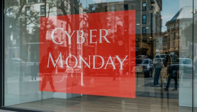 Cyber monday storefront sign reflecting shoppers and urban street scene