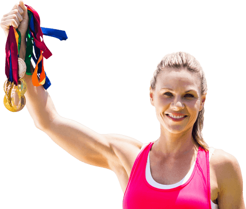 Caucasian Woman Holding Medals on Transparent Background