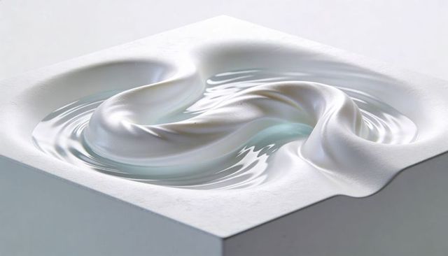 Pearlescent spiral vortex rising in glossy square basin with iridescent ripples