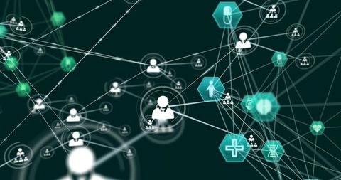 Healthcare network visualization connecting user nodes, medical icons and data interface