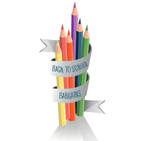 Transparent illustration of back to school bargains with colorful pencils