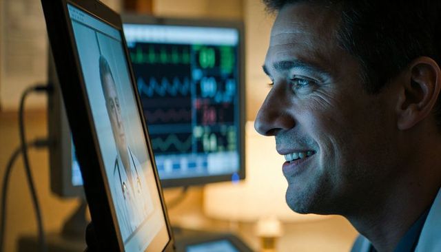 Smiling man viewing telemedicine consultation with cardiac monitor and workstation glow