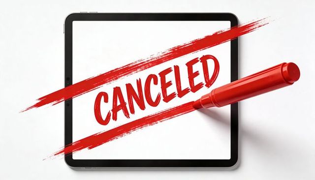 Tablet showing bold red canceled brush stroke stamped with marker on white background