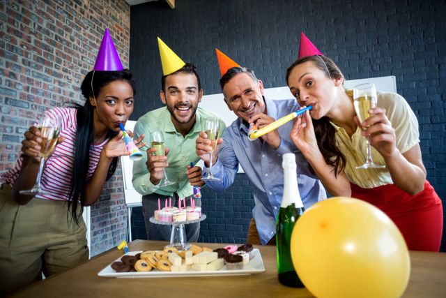 Group of office colleagues celebrating a birthday with party hats, champagne, and cake. They are smiling and enjoying the festive atmosphere. Perfect for illustrating workplace celebrations, team bonding, and corporate events.