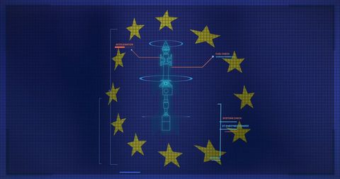 Digital missile interface overlaying european union flag symbolizing global tensions
