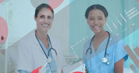 Two Smiling Clinicians Wearing Stethoscopes with Health Data and Analytics Overlay