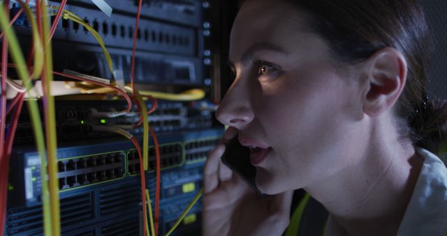 Female IT Technician on Phone with Server Room Equipment - Download Free Stock Photos Pikwizard.com