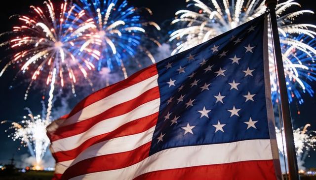 Waving american flag with fireworks over night sky celebrating independence day