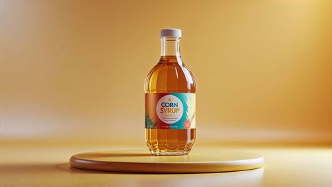 Elegant glass bottle of corn syrup on reflective base with golden background