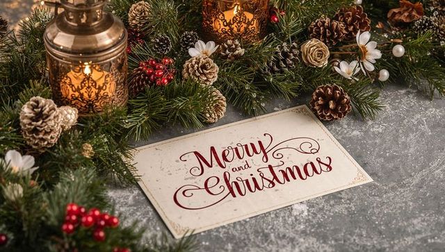 Merry and christmas card with evergreen garland, pinecones and lanterns on rustic tabletop