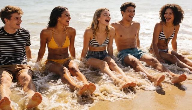 Laughing friends sitting at shoreline with foamy surf enjoying sunlit summer beach