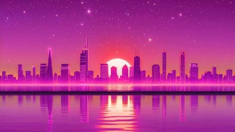 Futuristic Cityscape in Neon with Reflective Water