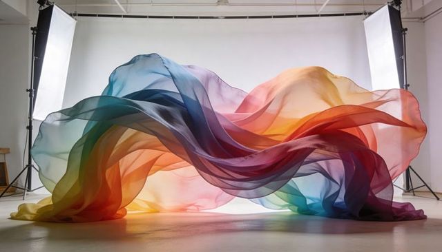 Rainbow silk fabric billowing across studio floor with sheer translucent multicolor waves