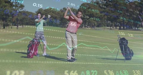 Couple playing golf, superimposed with financial market data