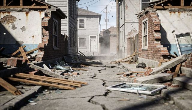 Urban alley cracking debris and ruined brickwork with broken windows and scattered glass