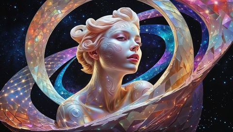 Futuristic venus burst with swirl patterns and mosaic ribbons