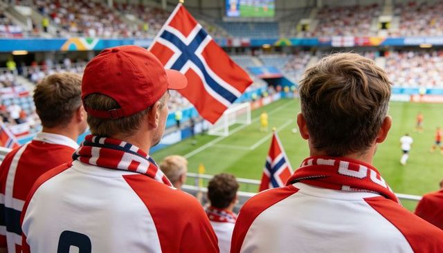 Norwegian football fans cheering and waving flags in stadium during live match celebration