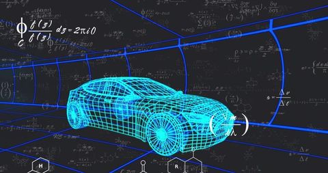 Futuristic Wireframe Car in Virtual Engineering Environment