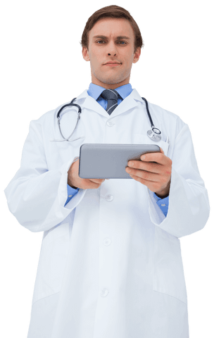 Transparent doctor holding tablet pc in hospital attire