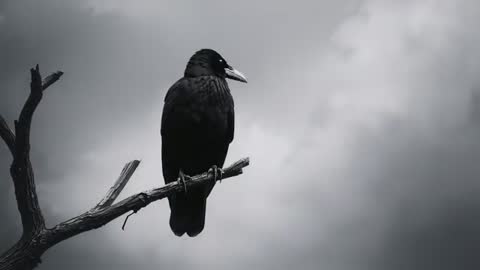 Solitary Crow Observing Cloudy Sky in Moody Setting