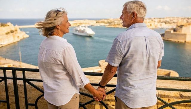 Senior couple holding hands gazing at cruise ship from sunny coastal promenade enjoying harbor view