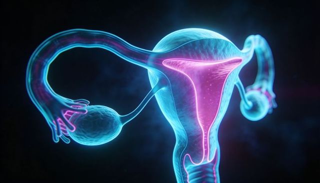 Neon uterus and fallopian tubes 3d illustration of translucent reproductive anatomy