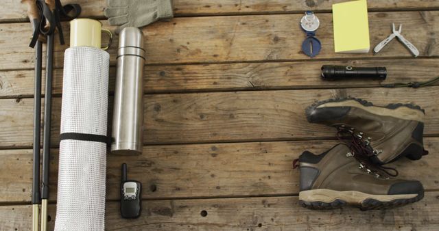 Outdoor Camping Equipment Laid Out on Wooden Floor - Download Free Stock Images Pikwizard.com