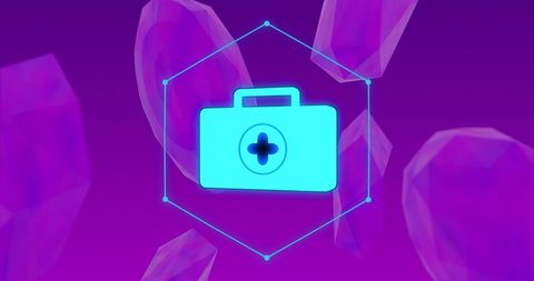 Digital medical kit icon with cells on purple background