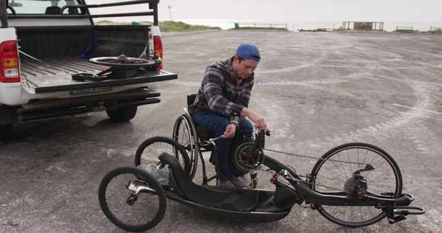 Determined Man in Wheelchair Repairing Bicycle by the Seaside - Download Free Stock Images Pikwizard.com