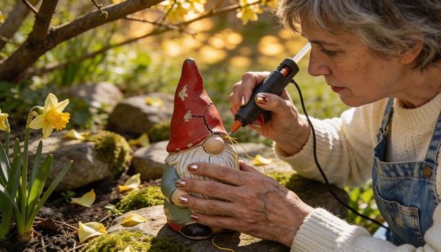 Senior woman repairing ceramic garden gnome with hot glue gun during spring gardening