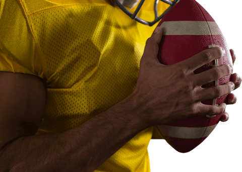 Close-up of athlete holding american football ball - transparent