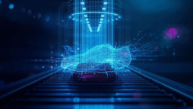 Futuristic car design displayed over smartphone conveyor
