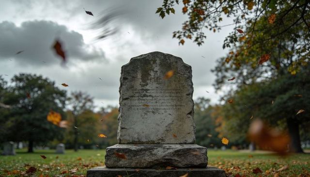 Weathered gravestone standing in autumn cemetery, moss clinging and leaves blowing