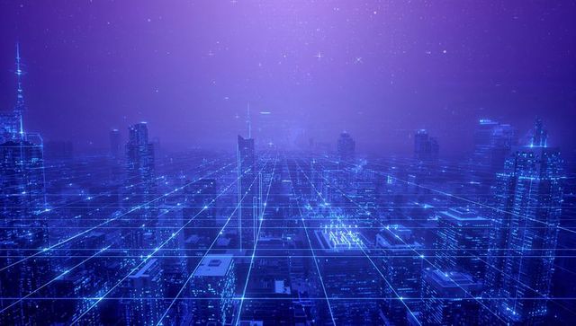 Futuristic Cyberpunk Cityscape with Neon Grid and Glowing Data Nodes