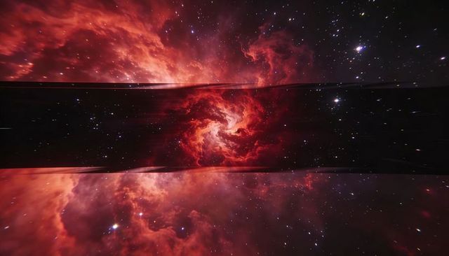 Swirling red nebula vortex with mirrored reflective band and distant starfield