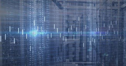 Digital server room with futuristic data overlay and led lights