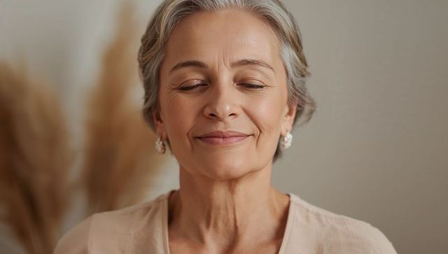 Smiling senior woman resting with closed eyes, wearing pearl earrings and beige top