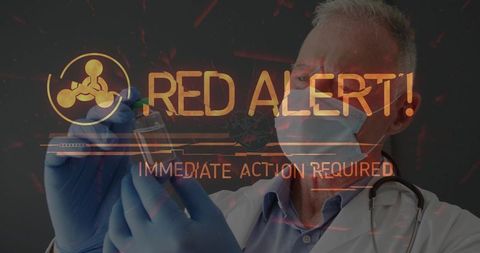 Senior doctor preparing vaccine injection in gloves with red alert biohazard overlay