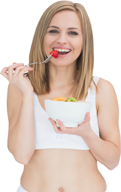 Cheerful Young Woman Eating Bowl of Fresh Fruits Isolated On Transparent Background - Download Free Stock Videos Pikwizard.com