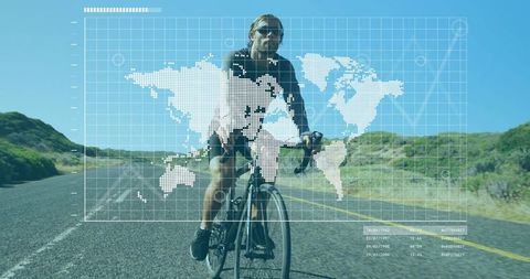 Cyclist Journey with Digital World Map Overlay on Rural Road