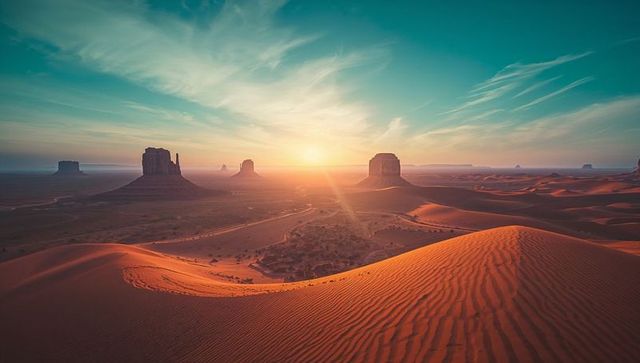 Serene Desert Dunes at Sunset with Mesas and Rippling Sands